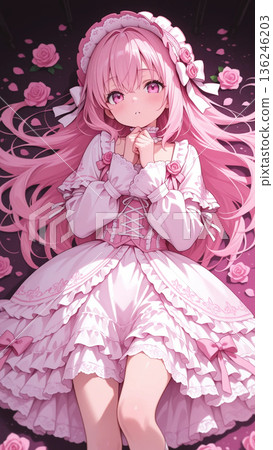 Illustration of a girl wearing a pink Lolita fashion dress Illustration of a girl wearing a pink Lolita fashion dress 136246203
