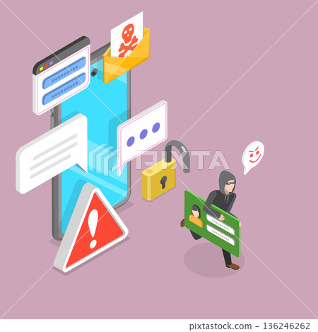 3D Isometric Flat Vector Illustration of Phone Scam, Fraud Using Smartphones For Deceptive Purposes 136246262