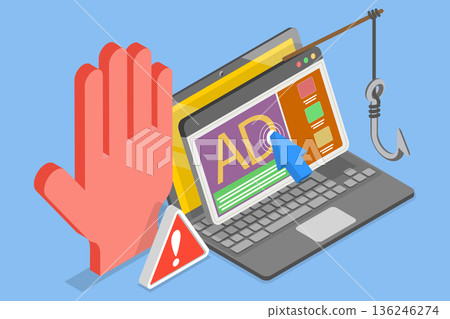 3D Isometric Flat Vector Illustration of Advertising Fraud, Concept Of Fraudulent Advertising Practices In The Industry, Unethical Tactics Used To Deceive Consumers. 136246274