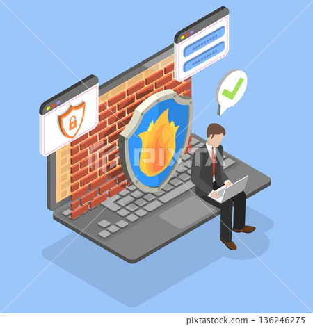 3D Isometric Flat Vector Illustration of Firewall, Antivirus, And Network Protection, A Comprehensive Security Concept 3D Isometric Flat Vector Illustration of Firewall, Antivirus, And Network Protection, A Comprehensive Security Concept 136246275