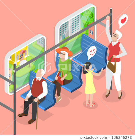 3D Isometric Flat Vector Illustration of Courteous Kid, Young Girl Shows Respect By Offering Seat To Elderly Woman 136246278