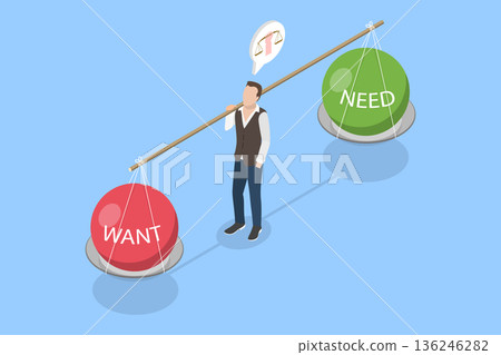 3D Isometric Flat Vector Illustration of Want VS Need, Entrepreneur Striking Balance 136246282