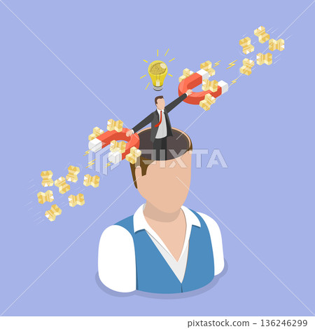 3D Isometric Flat Vector Illustration of Positive Mind, Businessman Using Magnet To Attract Positive Symbols In Business Concept. 3D Isometric Flat Vector Illustration of Positive Mind, Businessman Using Magnet To Attract Positive Symbols In Business Concept. 136246299