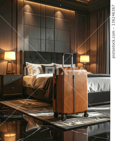 Brown Leather Suitcase in Luxury Hotel Room Interior. Brown Leather Suitcase in Luxury Hotel Room Interior. 136246367