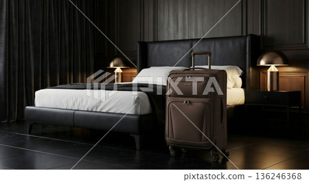Chocolate Brown Fabric Suitcase in Dark Luxury Executive Suite Interior. 136246368