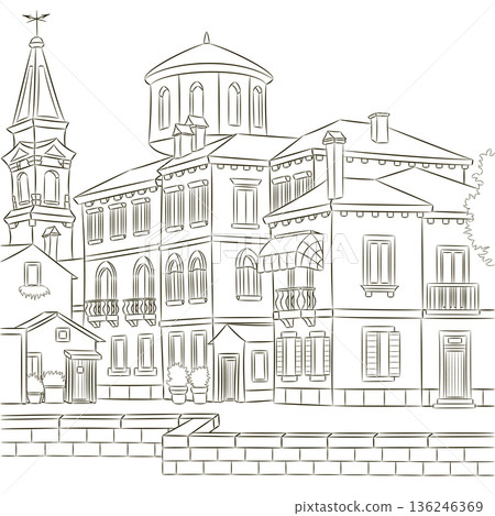 Black and White Vector Illustration of Burano Island Architecture in Italy 136246369