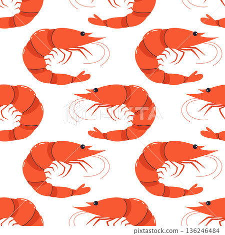 A fun seamless pattern with shrimp. Background, packaging, textile, menu template 136246484