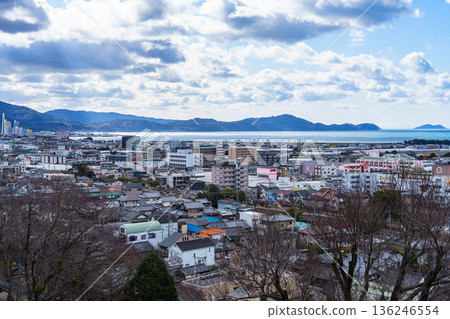 Kimiidera Temple in Wakayama in the harsh winter, when few people visit. View to the southwest from the temple grounds. 136246554