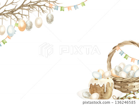 Easter corner frame with a wicker basket of painted eggs, Easter cake and tree branches. Hand drawn watercolor illustration, isolated. Pastel clip art for vintage cards and invitations. Easter corner frame with a wicker basket of painted eggs, Easter cake and tree branches. Hand drawn watercolor illustration, isolated. Pastel clip art for vintage cards and invitations. 136246585