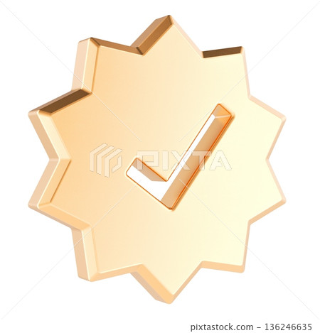 Gold badge with check mark icon, 3D rendering Gold badge with check mark icon, 3D rendering 136246635