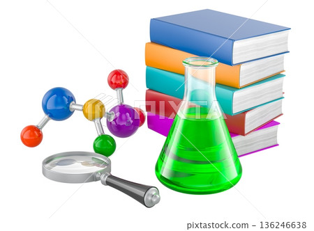 Books with molecular model, magnifying glass and flask, research and study concept, 3D rendering Books with molecular model, magnifying glass and flask, research and study concept, 3D rendering 136246638