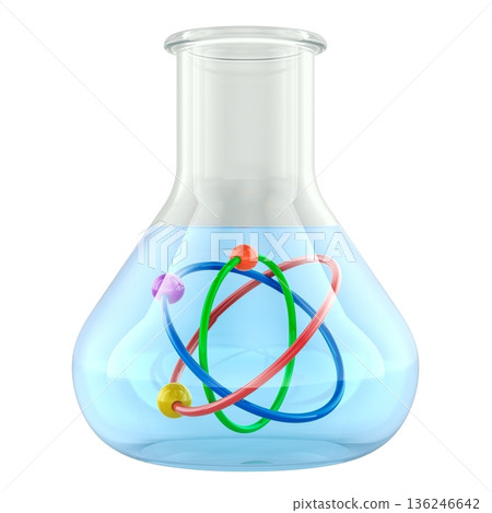 Chemistry and science education concept. Flask with liquid and atom symbol inside, 3D rendering Chemistry and science education concept. Flask with liquid and atom symbol inside, 3D rendering 136246642
