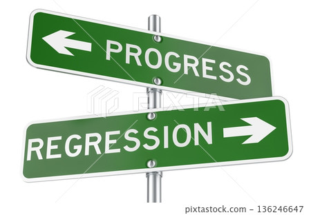 Progress and Regression green direction arrows, street signs. 3D rendering Progress and Regression green direction arrows, street signs. 3D rendering 136246647