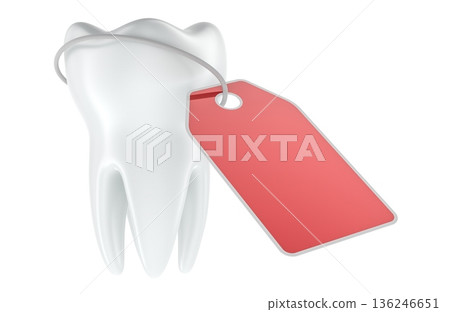 Tooth with blank red price tag. Dental cost and pricing concept, 3D rendering Tooth with blank red price tag. Dental cost and pricing concept, 3D rendering 136246651