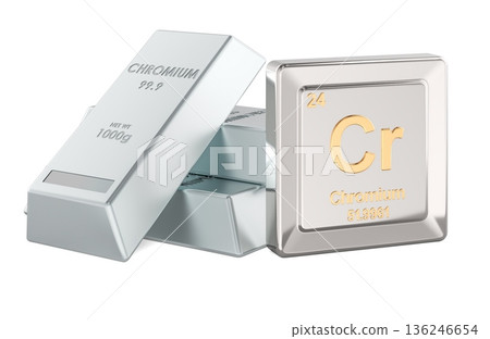 Chromium metal ingots with Cr element symbol. 3D rendering 136246654