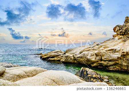 Beautiful seascape of the Cami de Ronda coastal path on the Costa Brava, from Platja d'Aro to Sant Antoni de Calonge. Cala del Pi Beautiful seascape of the Cami de Ronda coastal path on the Costa Brava, from Platja d'Aro to Sant Antoni de Calonge. Cala del Pi 136246661