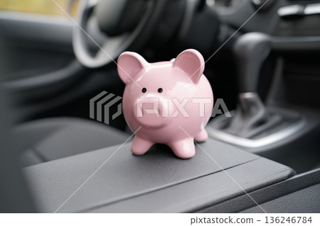 A pink piggy bank is placed on the center console inside a car. This shows the connection between saving money and daily life. It highlights the importance of planning finances. 136246784