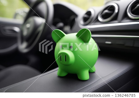 A green piggy bank is placed on the armrest of a car. The bank stands out against the dark interior of the vehicle. Sunlight comes through the windows, highlighting its color. A green piggy bank is placed on the armrest of a car. The bank stands out against the dark interior of the vehicle. Sunlight comes through the windows, highlighting its color. 136246785