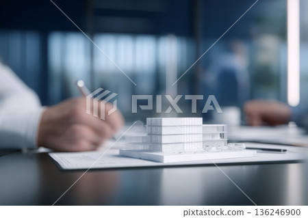 A person is looking at a building model while writing notes on paper. Another person is sitting across the table, discussing the architecture plans. The office has large windows. A person is looking at a building model while writing notes on paper. Another person is sitting across the table, discussing the architecture plans. The office has large windows. 136246900