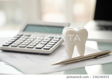A tooth model sits on papers next to a calculator and a pen in a dental office. The scene shows tools often used for dental care discussions and planning. The setting is busy and organized. A tooth model sits on papers next to a calculator and a pen in a dental office. The scene shows tools often used for dental care discussions and planning. The setting is busy and organized. 136246935