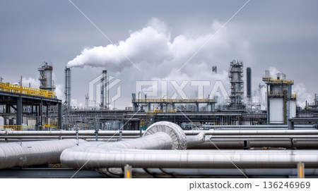Steam is visible rising from the pipelines at a large industrial facility. Workers are present, focusing on equipment maintenance and operation in the production area under gray skies. Steam is visible rising from the pipelines at a large industrial facility. Workers are present, focusing on equipment maintenance and operation in the production area under gray skies. 136246969