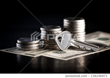 A metal house key rests on top of stacks of coins and paper money. The coins and bills are arranged neatly, with a dark background highlighting the objects. A metal house key rests on top of stacks of coins and paper money. The coins and bills are arranged neatly, with a dark background highlighting the objects. 136246971