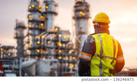 A worker in a safety vest and helmet observes refinery operations at sunset. The scene shows industrial equipment and lighting in the background, highlighting safety measures in the workplace. 136246973