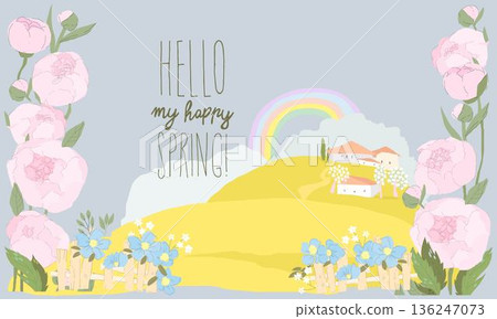 Cartoon Spring Flowers and Village. Happy Season 136247073