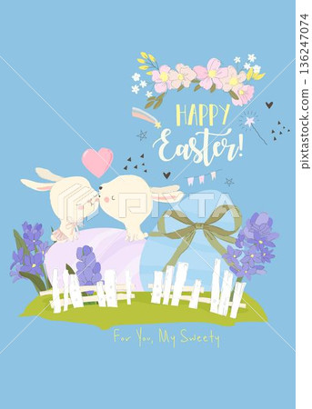 Cute Little Rabbits kissing on Easter Eggs 136247074