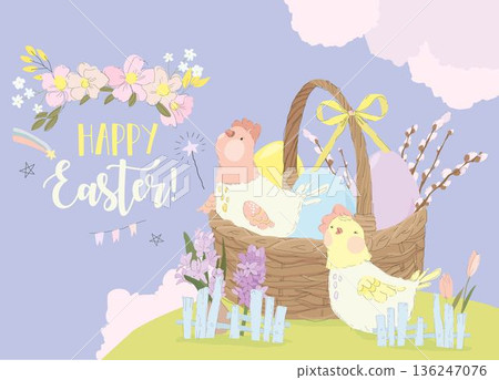Cute White Hens sitting in Basket With Easter Eggs 136247076