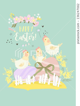 Cute White Hens sitting on Easter Eggs 136247082