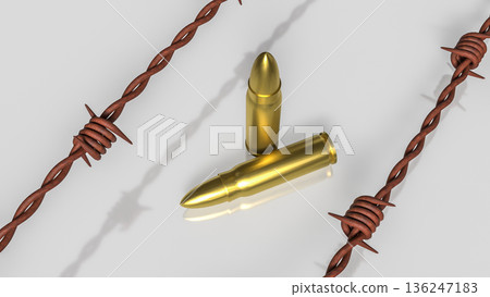 Bullets Trapped in Barbed Wire Concept of Conflict and Restriction 3d render. 136247183
