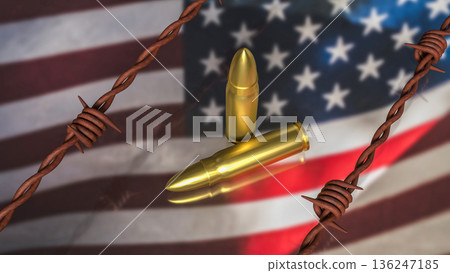Golden Bullets and Barbed Wire Over United States Flag Concept 3d render. 136247185