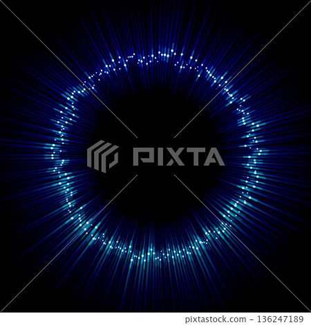 由藍色放射狀光芒和粒子構成的圓形框架。線條簡潔的酷炫賽博朋克背景。 由藍色放射狀光芒和粒子構成的圓形框架。線條簡潔的酷炫賽博朋克背景。 136247189