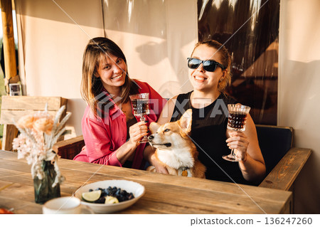 Two women toasting wine with corgi on sunny outdoor terrace 136247260