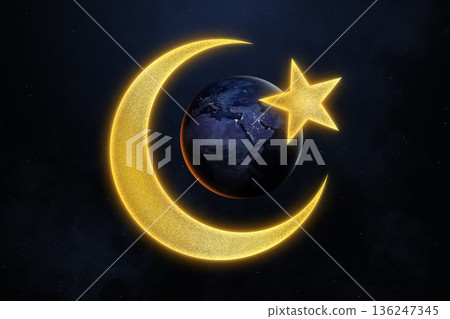 Crescent and Star with Earth planet in space. Symbol of Islam. Ramadan. 136247345