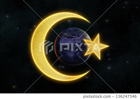 Crescent Moon and Star with Earth planet in space. Symbol of Islam. Ramadan. 136247346