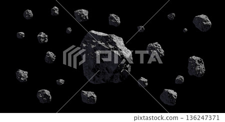 Asteroids or meteorites on black. 136247371