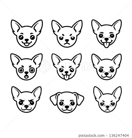 Various facial expressions of a Chihuahua in a grid pattern featuring happy, sad, surprised, and curious looks 136247404