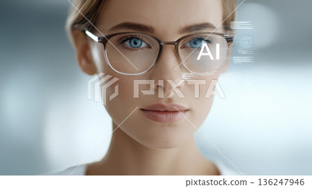Young woman with glasses is looking directly at the camera, displaying a futuristic interface with AI text and digital elements in a modern setting 136247946