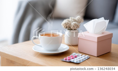 Hot cup of tea on wooden table with tissue box and medicine, creating a cozy atmosphere for relaxation and self-care during illness 136248034