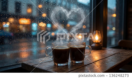Two coffee cups with heart-shaped steam near window on rainy day Two coffee cups with heart-shaped steam near window on rainy day 136248273