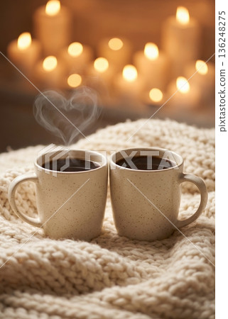 Two coffee mugs with heart-shaped steam on cozy blanket with candles 136248275