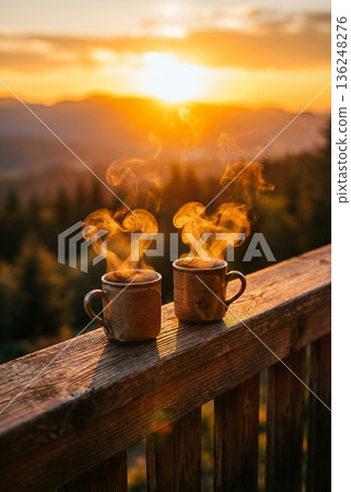 Two steaming mugs on wooden railing at sunset, heart-shaped steam rising 136248276