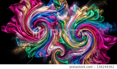 Colorful swirling silk fabric with glitter on black background 136248362