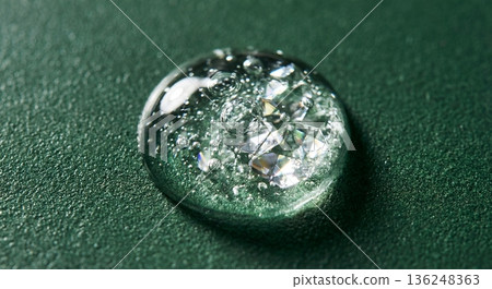 Close-up of water droplet on textured green surface with bubbles 136248363