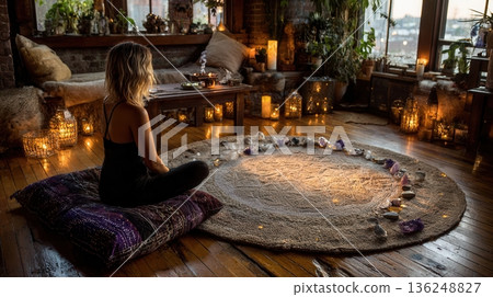 Woman meditating in crystal circle 136248827