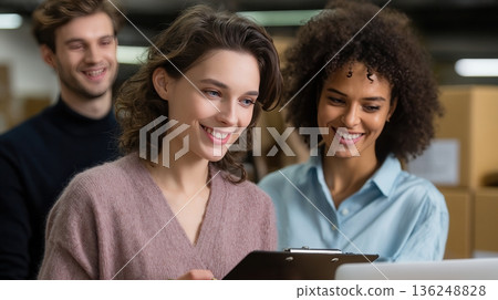Three young professionals reviewing documents together in office 136248828
