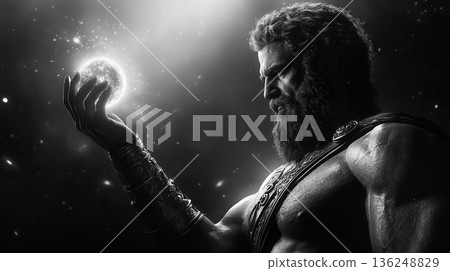 Bearded god holding glowing orb Bearded god holding glowing orb 136248829