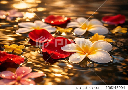Colorful Flower Petals Floating on Water During Songkran with Soft Golden Reflections 136248904